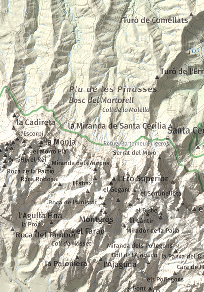 Mapa de relieve de Miranda de Santa Magdalena, 1132 m, Baix Llobregat, lámina 100 Cims de Trobart. Detalle de la zona superior izquierda. 21 × 30 cm.
