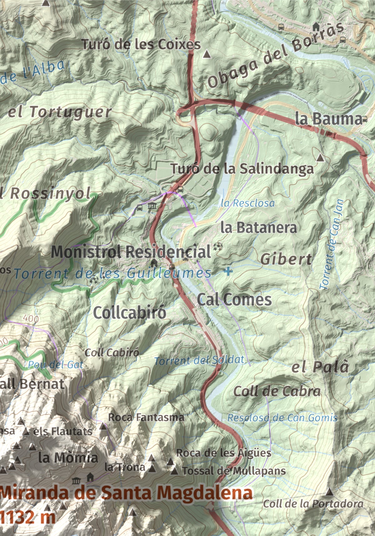 Mapa de relieve de Miranda de Santa Magdalena, 1132 m, Baix Llobregat, lámina 100 Cims de Trobart. Detalle de la zona superior derecha. 21 × 30 cm.