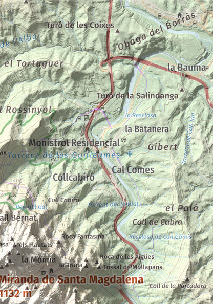 Mapa de relieve de Miranda de Santa Magdalena, 1132 m, Baix Llobregat, lámina 100 Cims de Trobart. Detalle de la zona superior derecha. 21 × 30 cm.