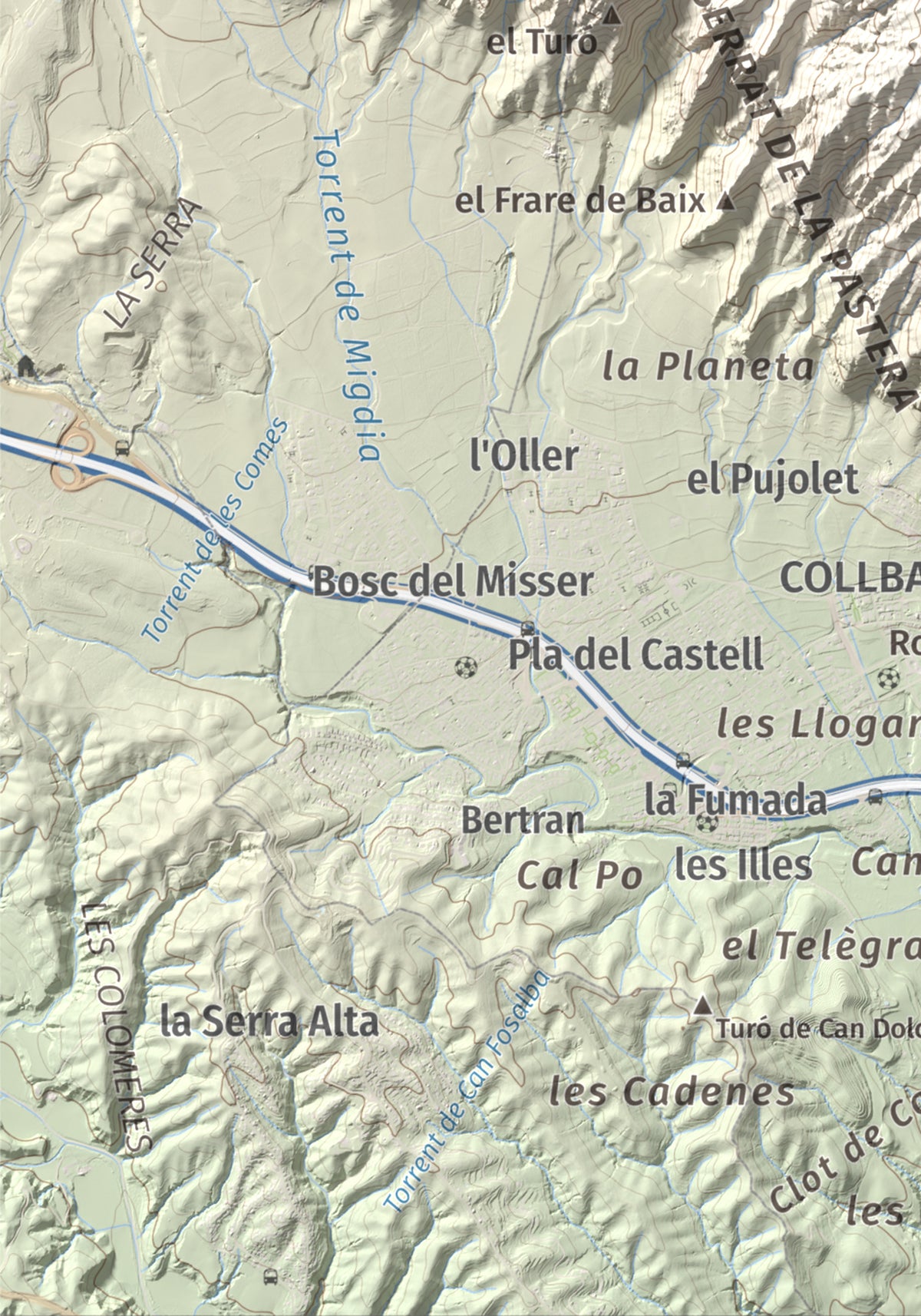 Mapa de relieve de Miranda de Santa Magdalena, 1132 m, Baix Llobregat, lámina 100 Cims de Trobart. Detalle de la zona inferior izquierda. 21 × 30 cm.