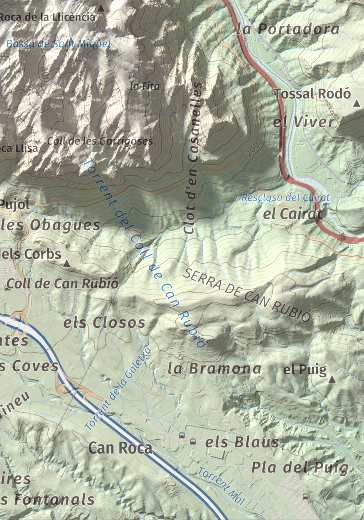 Mapa de relieve de Miranda de Santa Magdalena, 1132 m, Baix Llobregat, lámina 100 Cims de Trobart. Detalle de la zona inferior derecha. 21 × 30 cm.