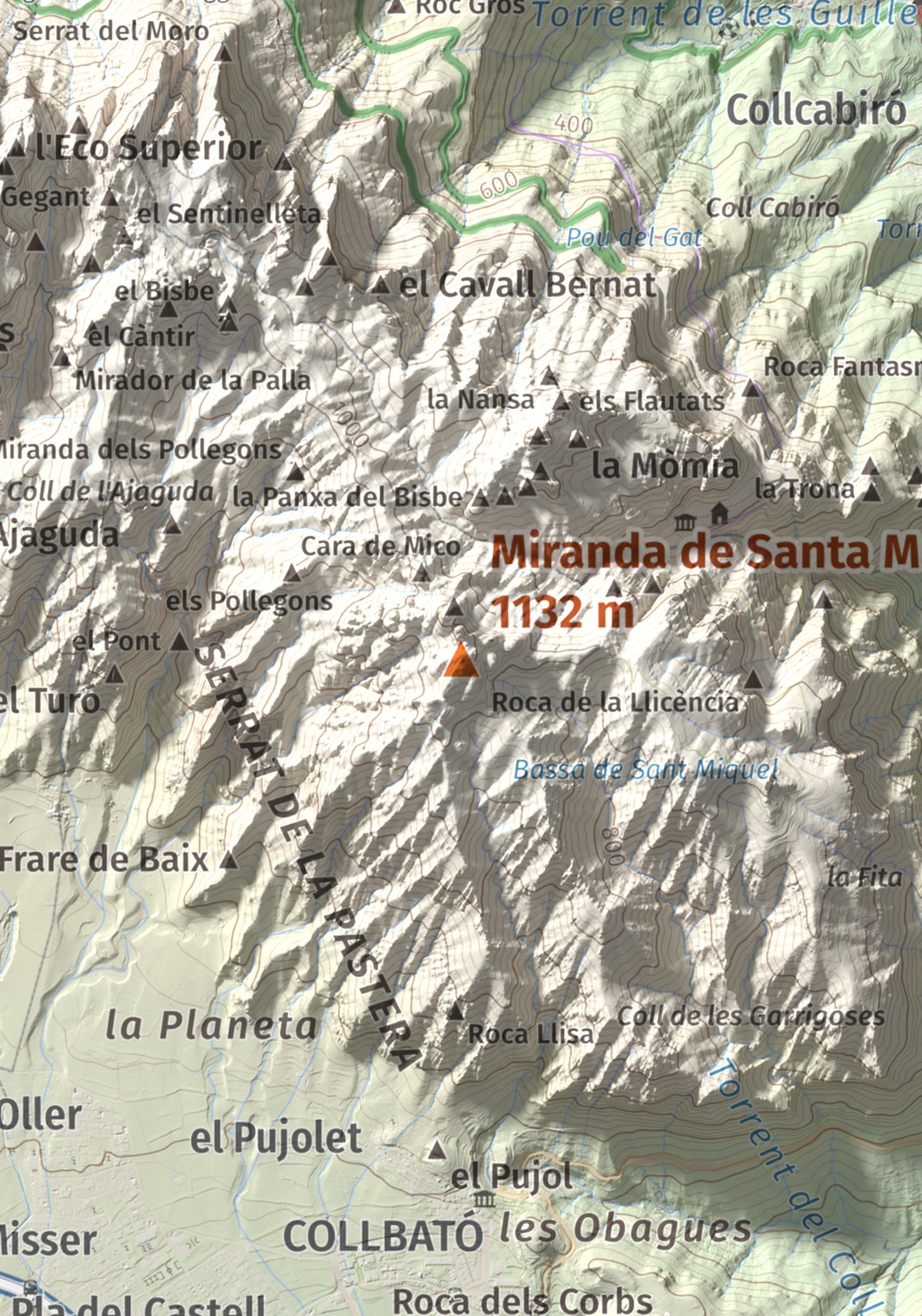 Mapa de relieve de Miranda de Santa Magdalena, 1132 m, Baix Llobregat, lámina 100 Cims de Trobart. Detalle de la zona central. 21 × 30 cm.