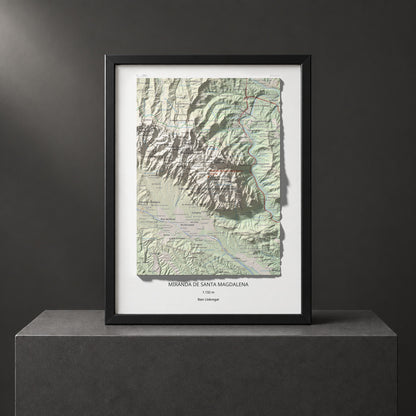 Mapa de relieve de Miranda de Santa Magdalena, 1132 m, Baix Llobregat, lámina 100 Cims de Trobart. Presentación enmarcada. 30 × 40 cm.