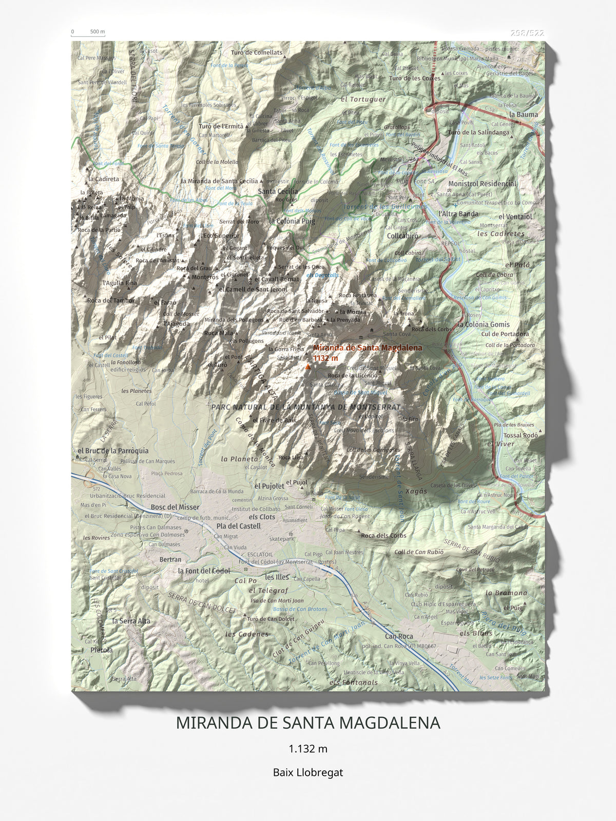 Mapa de relieve de Miranda de Santa Magdalena, 1132 m, Baix Llobregat, lámina 100 Cims de Trobart 30 × 40 cm.