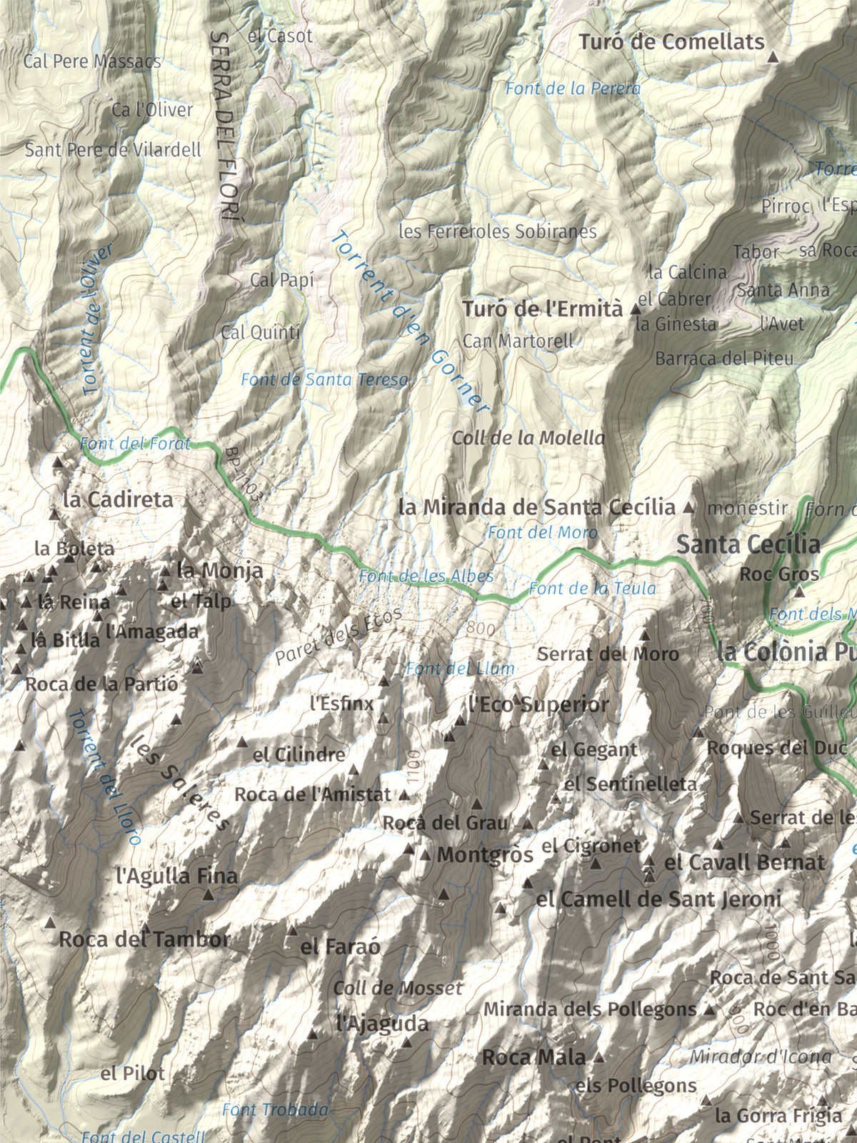 Mapa de relieve de Miranda de Santa Magdalena, 1132 m, Baix Llobregat, lámina 100 Cims de Trobart. Detalle de la zona superior izquierda. 30 × 40 cm.
