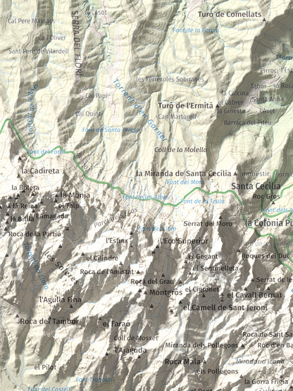 Mapa de relieve de Miranda de Santa Magdalena, 1132 m, Baix Llobregat, lámina 100 Cims de Trobart. Detalle de la zona superior izquierda. 30 × 40 cm.