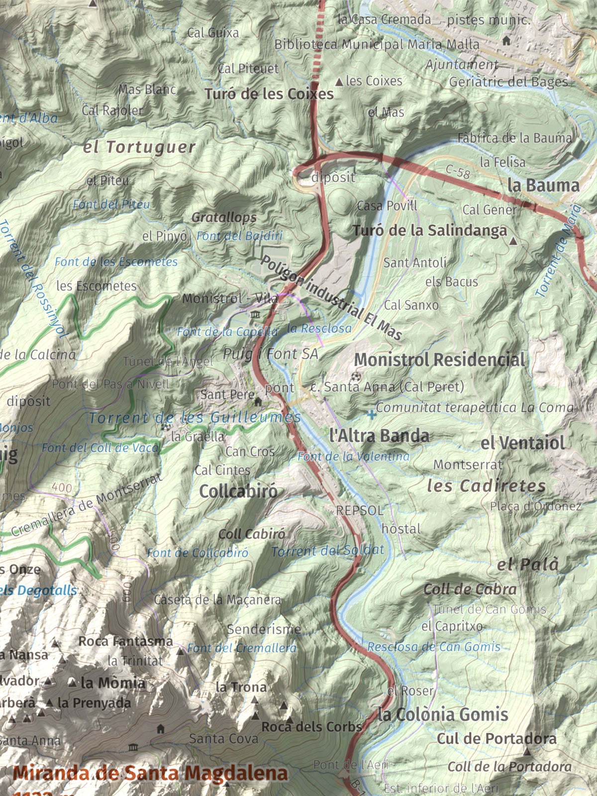 Mapa de relieve de Miranda de Santa Magdalena, 1132 m, Baix Llobregat, lámina 100 Cims de Trobart. Detalle de la zona superior derecha. 30 × 40 cm.