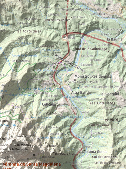 Mapa de relieve de Miranda de Santa Magdalena, 1132 m, Baix Llobregat, lámina 100 Cims de Trobart. Detalle de la zona superior derecha. 30 × 40 cm.