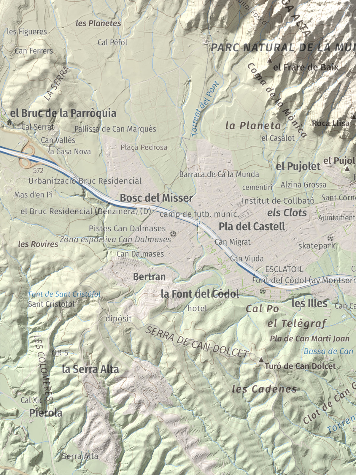 Mapa de relieve de Miranda de Santa Magdalena, 1132 m, Baix Llobregat, lámina 100 Cims de Trobart. Detalle de la zona inferior izquierda. 30 × 40 cm.