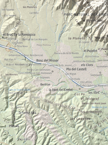 Mapa de relieve de Miranda de Santa Magdalena, 1132 m, Baix Llobregat, lámina 100 Cims de Trobart. Detalle de la zona inferior izquierda. 30 × 40 cm.