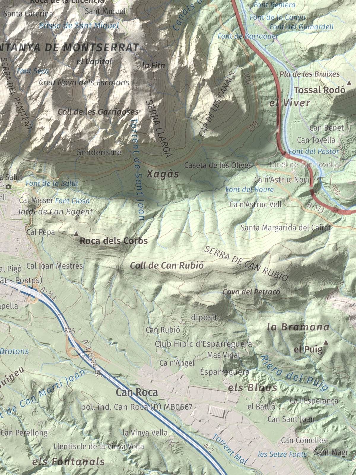 Mapa de relieve de Miranda de Santa Magdalena, 1132 m, Baix Llobregat, lámina 100 Cims de Trobart. Detalle de la zona inferior derecha. 30 × 40 cm.