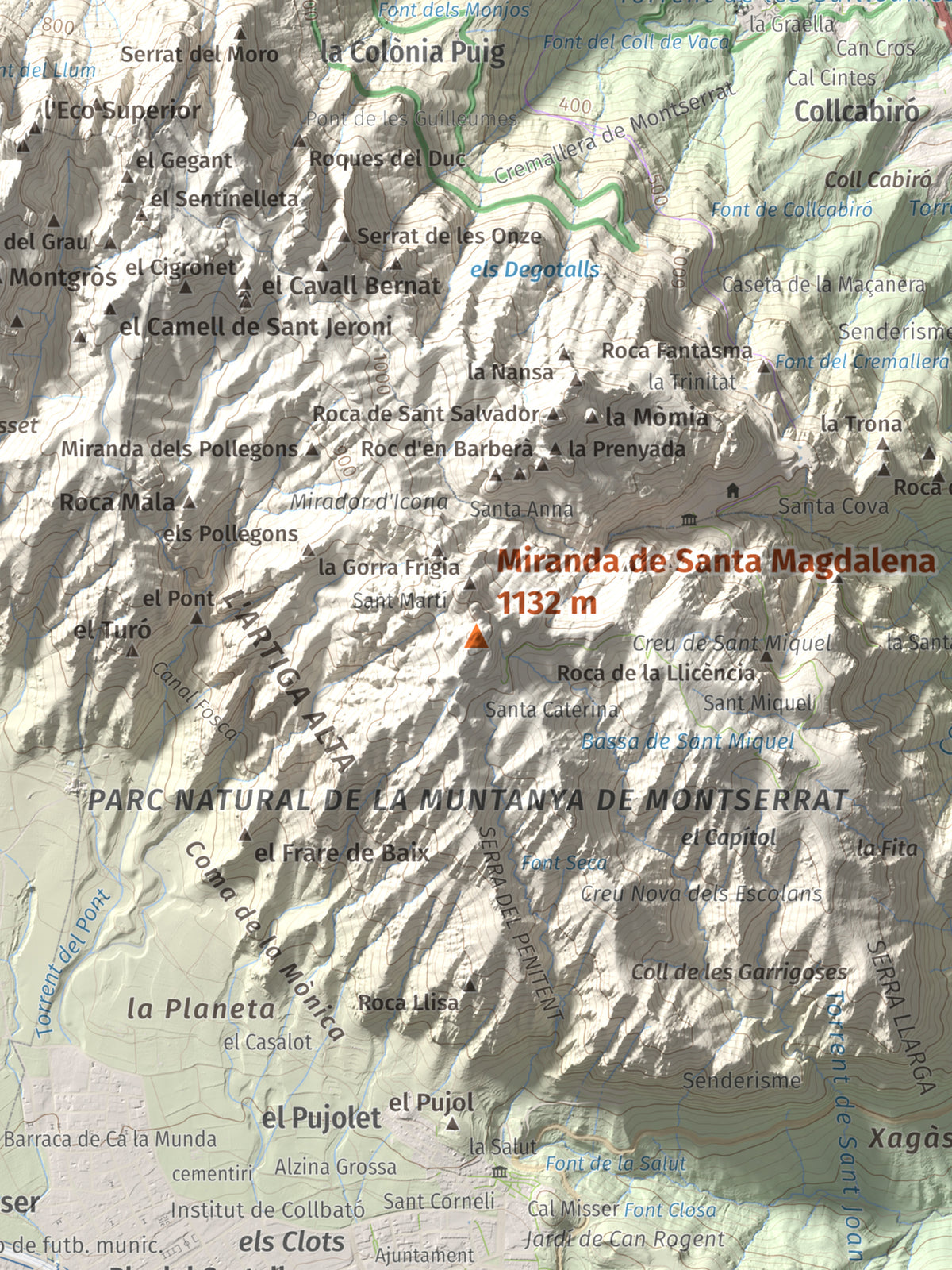 Mapa de relieve de Miranda de Santa Magdalena, 1132 m, Baix Llobregat, lámina 100 Cims de Trobart. Detalle de la zona central. 30 × 40 cm.