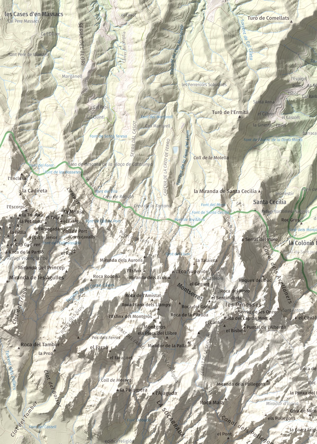 Mapa de relieve de Miranda de Santa Magdalena, 1132 m, Baix Llobregat, lámina 100 Cims de Trobart. Detalle de la zona superior izquierda. 50 × 70 cm.