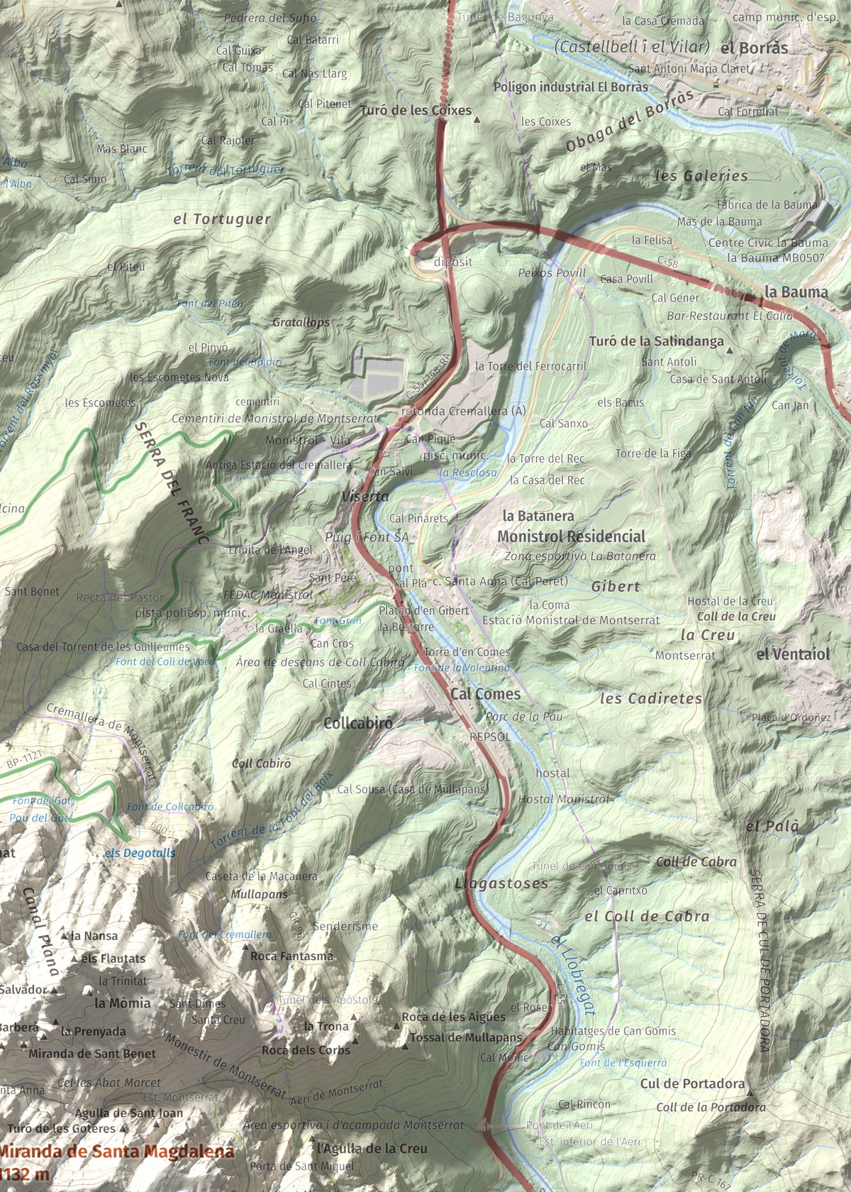 Mapa de relieve de Miranda de Santa Magdalena, 1132 m, Baix Llobregat, lámina 100 Cims de Trobart. Detalle de la zona superior derecha. 50 × 70 cm.