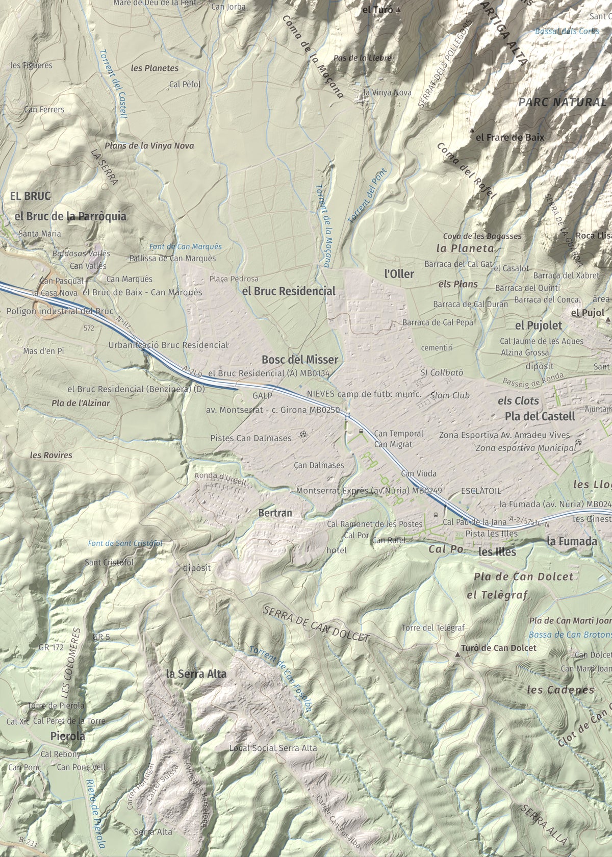 Mapa de relieve de Miranda de Santa Magdalena, 1132 m, Baix Llobregat, lámina 100 Cims de Trobart. Detalle de la zona inferior izquierda. 50 × 70 cm.