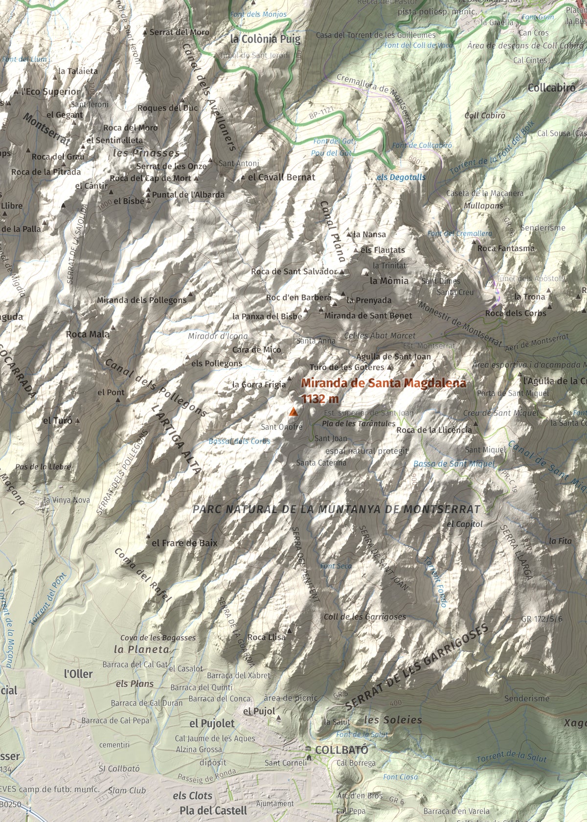 Mapa de relieve de Miranda de Santa Magdalena, 1132 m, Baix Llobregat, lámina 100 Cims de Trobart. Detalle de la zona central. 50 × 70 cm.