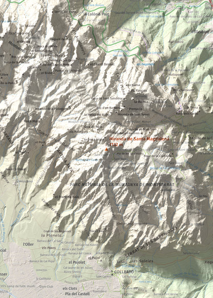 Mapa de relieve de Miranda de Santa Magdalena, 1132 m, Baix Llobregat, lámina 100 Cims de Trobart. Detalle de la zona central. 50 × 70 cm.