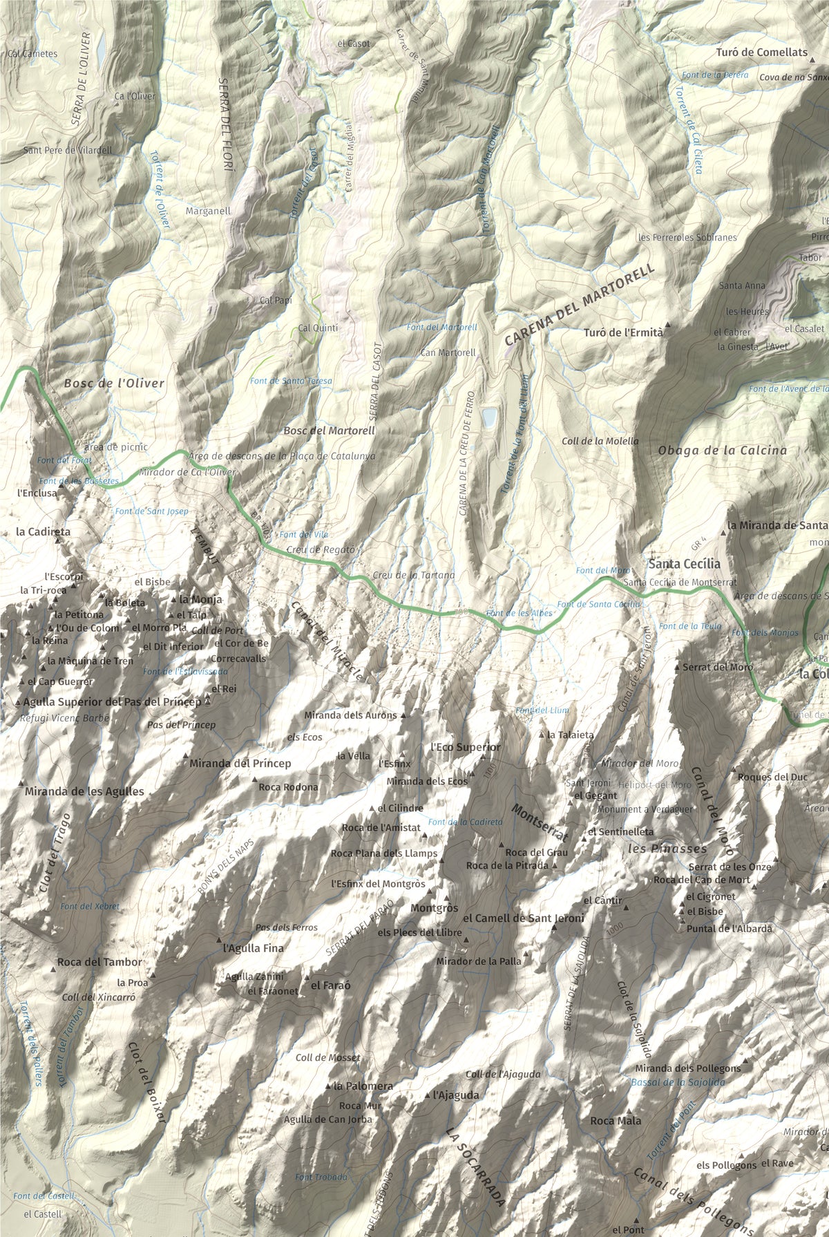 Mapa de relieve de Miranda de Santa Magdalena, 1132 m, Baix Llobregat, lámina 100 Cims de Trobart. Detalle de la zona superior izquierda. 61 × 91 cm.