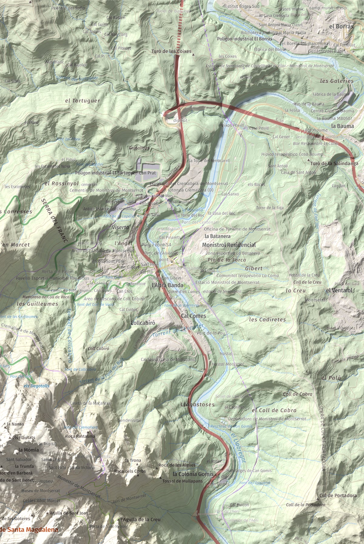 Mapa de relieve de Miranda de Santa Magdalena, 1132 m, Baix Llobregat, lámina 100 Cims de Trobart. Detalle de la zona superior derecha. 61 × 91 cm.