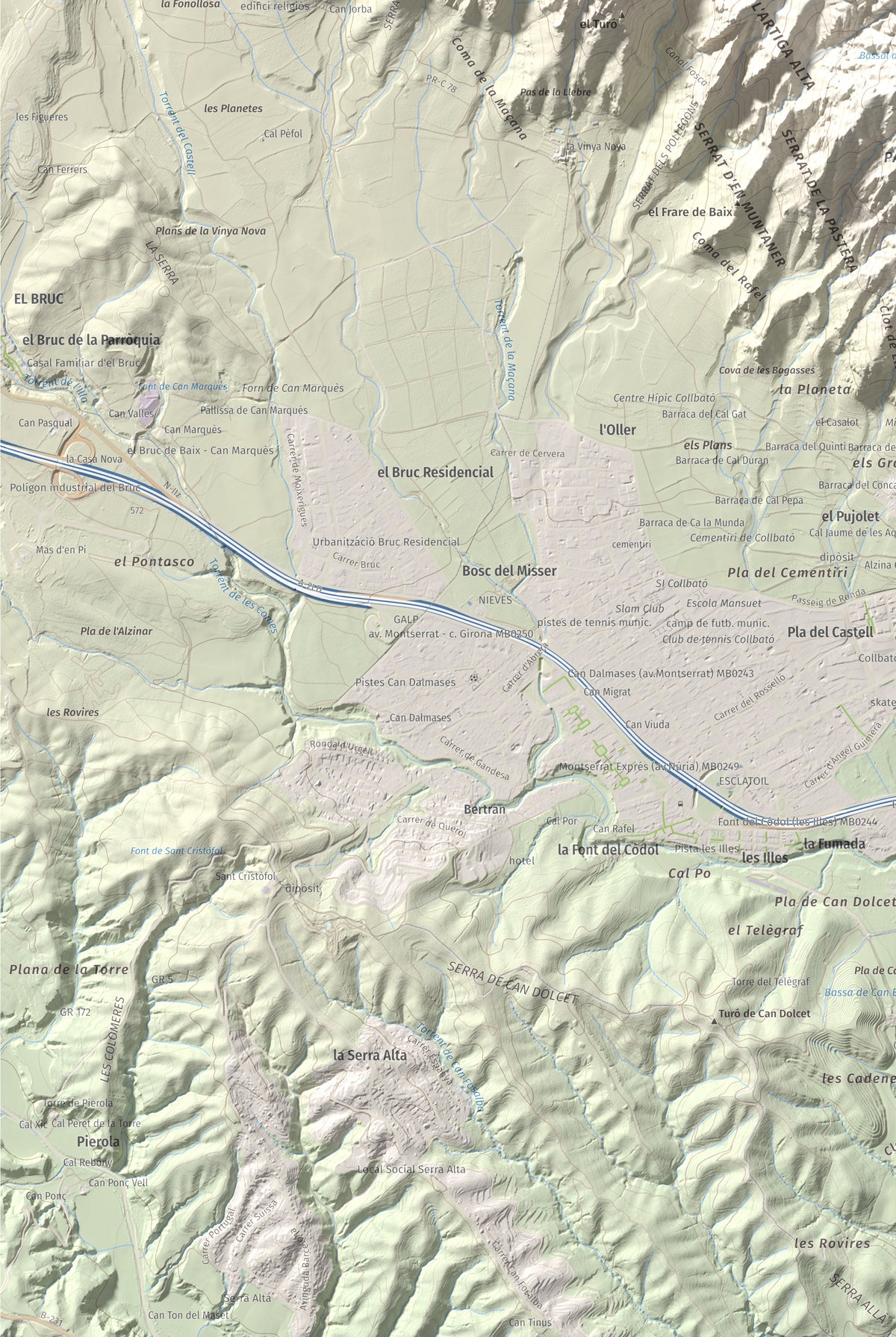 Mapa de relieve de Miranda de Santa Magdalena, 1132 m, Baix Llobregat, lámina 100 Cims de Trobart. Detalle de la zona inferior izquierda. 61 × 91 cm.
