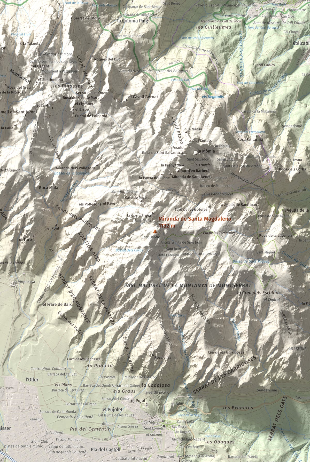 Mapa de relieve de Miranda de Santa Magdalena, 1132 m, Baix Llobregat, lámina 100 Cims de Trobart. Detalle de la zona central. 61 × 91 cm.