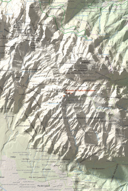 Mapa de relieve de Miranda de Santa Magdalena, 1132 m, Baix Llobregat, lámina 100 Cims de Trobart. Detalle de la zona central. 61 × 91 cm.