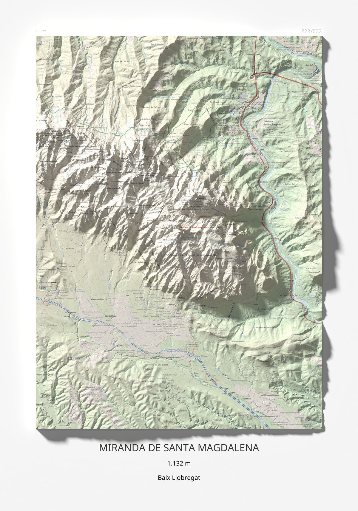 Mapa de relieve de Miranda de Santa Magdalena, 1132 m, Baix Llobregat, lámina 100 Cims de Trobart 70 × 100 cm.