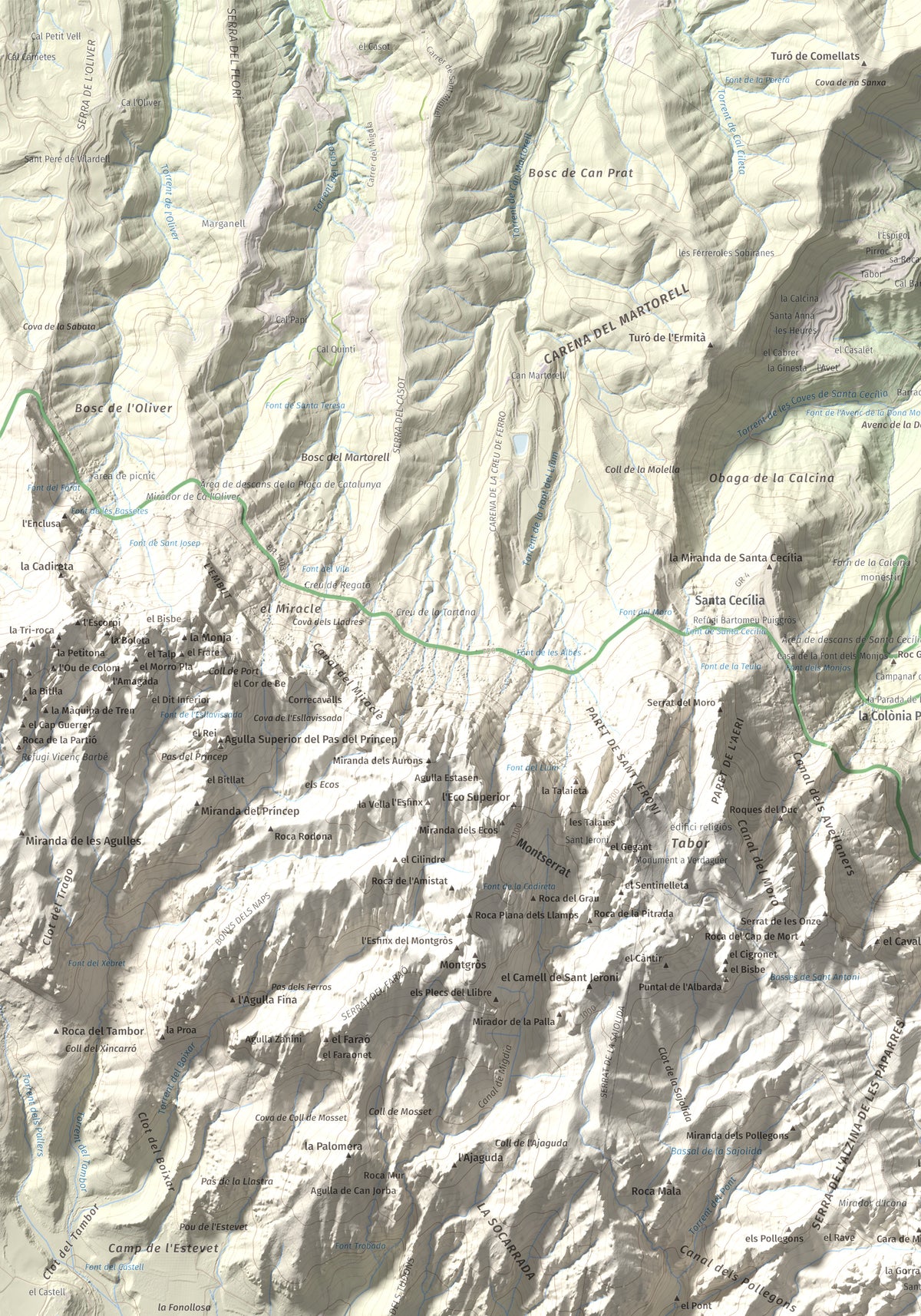 Mapa de relieve de Miranda de Santa Magdalena, 1132 m, Baix Llobregat, lámina 100 Cims de Trobart. Detalle de la zona superior izquierda. 70 × 100 cm.