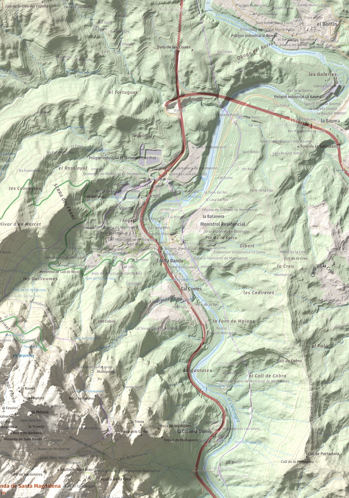 Mapa de relieve de Miranda de Santa Magdalena, 1132 m, Baix Llobregat, lámina 100 Cims de Trobart. Detalle de la zona superior derecha. 70 × 100 cm.