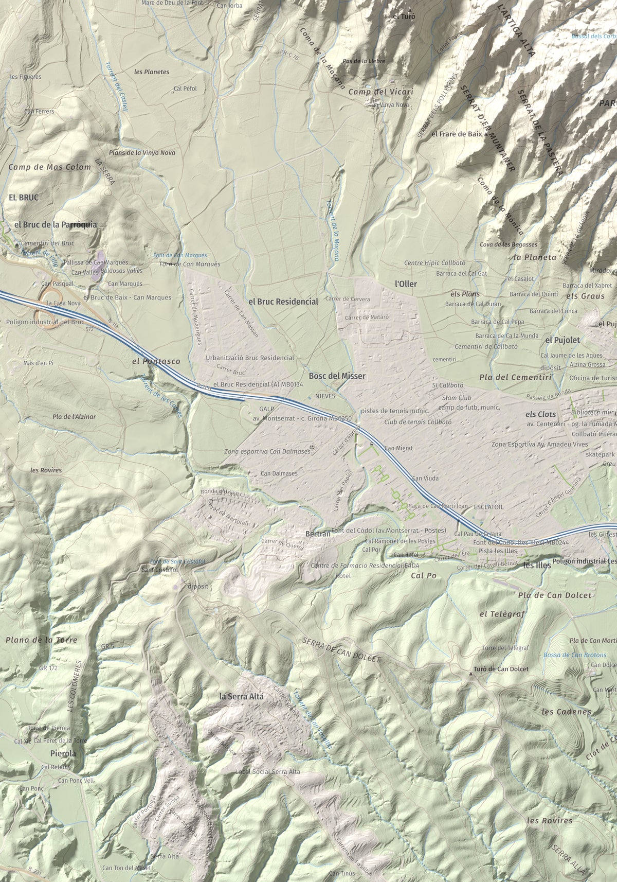 Mapa de relieve de Miranda de Santa Magdalena, 1132 m, Baix Llobregat, lámina 100 Cims de Trobart. Detalle de la zona inferior izquierda. 70 × 100 cm.