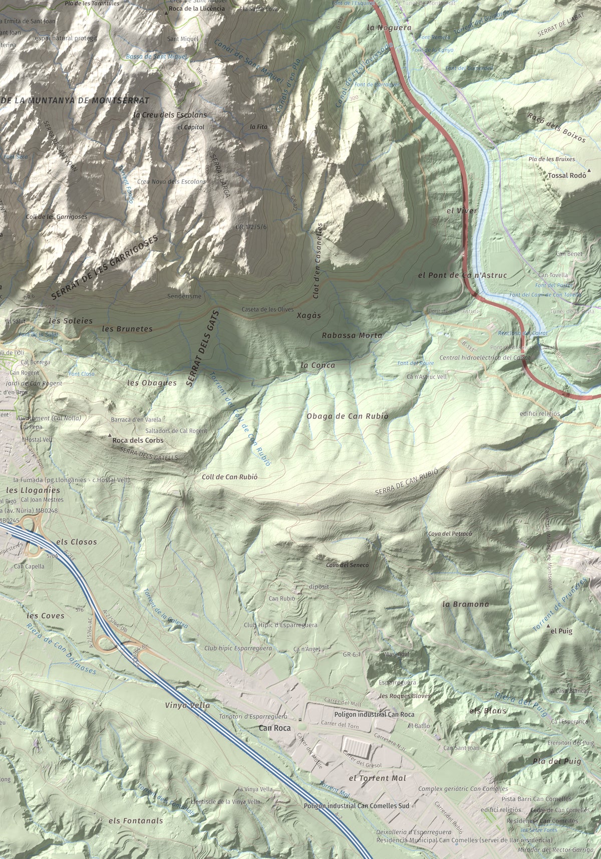 Mapa de relieve de Miranda de Santa Magdalena, 1132 m, Baix Llobregat, lámina 100 Cims de Trobart. Detalle de la zona inferior derecha. 70 × 100 cm.