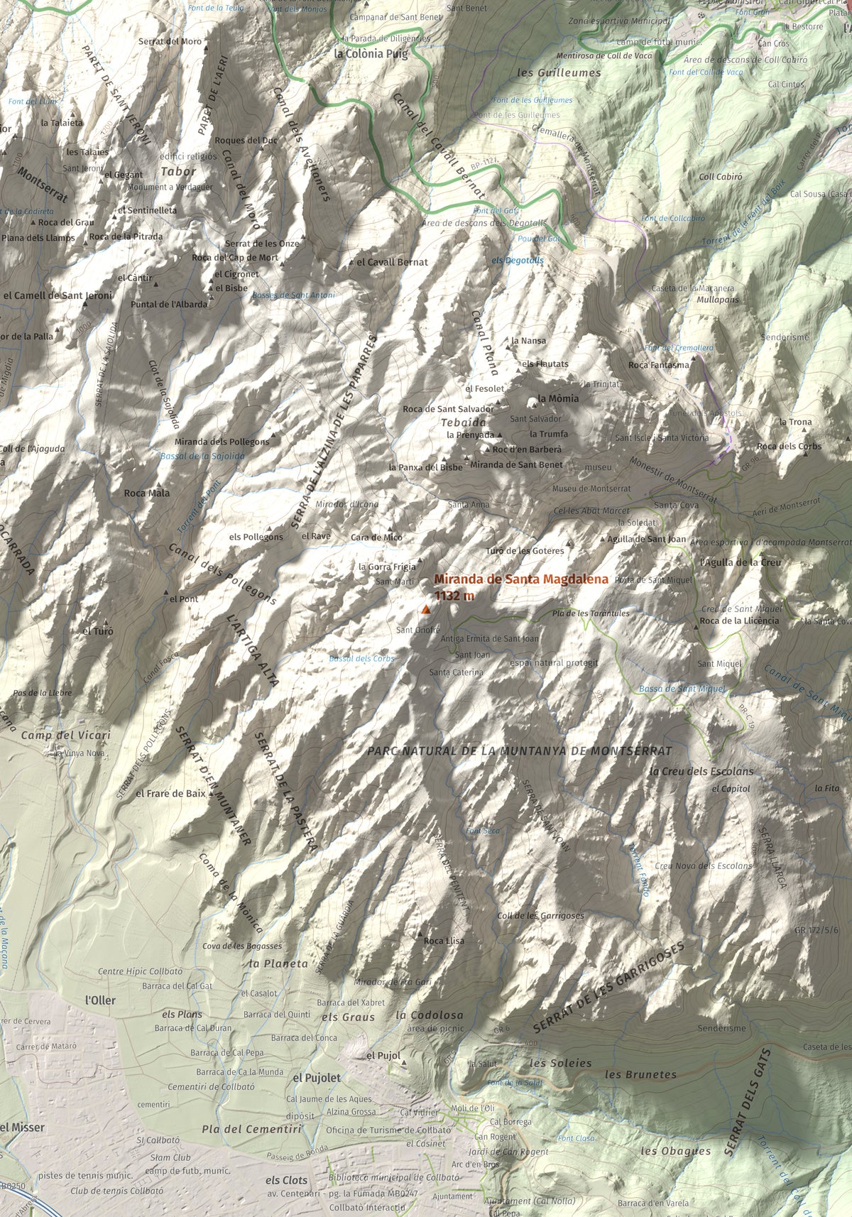 Mapa de relieve de Miranda de Santa Magdalena, 1132 m, Baix Llobregat, lámina 100 Cims de Trobart. Detalle de la zona central. 70 × 100 cm.