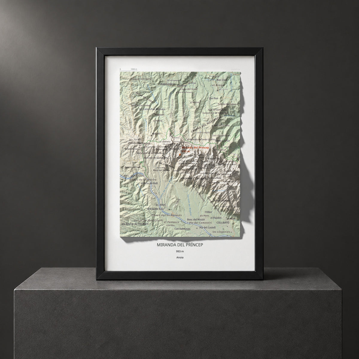 Mapa de relieve de Miranda del Príncep, 993 m, Anoia, lámina 100 Cims de Trobart. Presentación enmarcada. 21 × 30 cm.