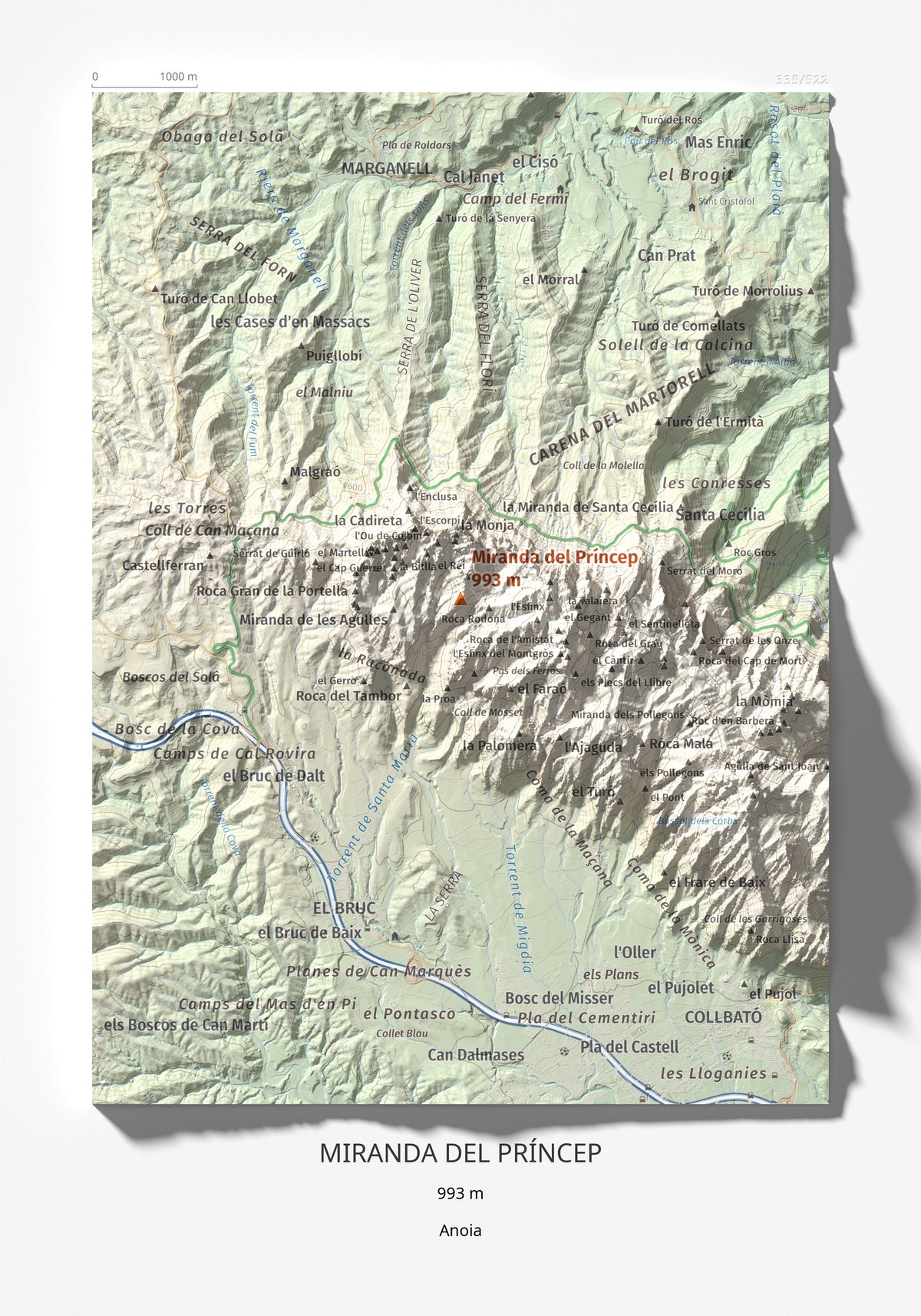 Mapa de relieve de Miranda del Príncep, 993 m, Anoia, lámina 100 Cims de Trobart 21 × 30 cm.