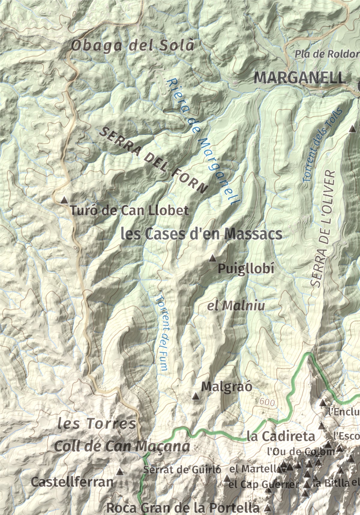 Mapa de relieve de Miranda del Príncep, 993 m, Anoia, lámina 100 Cims de Trobart. Detalle de la zona superior izquierda. 21 × 30 cm.