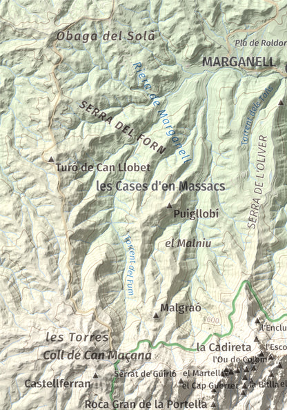 Mapa de relieve de Miranda del Príncep, 993 m, Anoia, lámina 100 Cims de Trobart. Detalle de la zona superior izquierda. 21 × 30 cm.