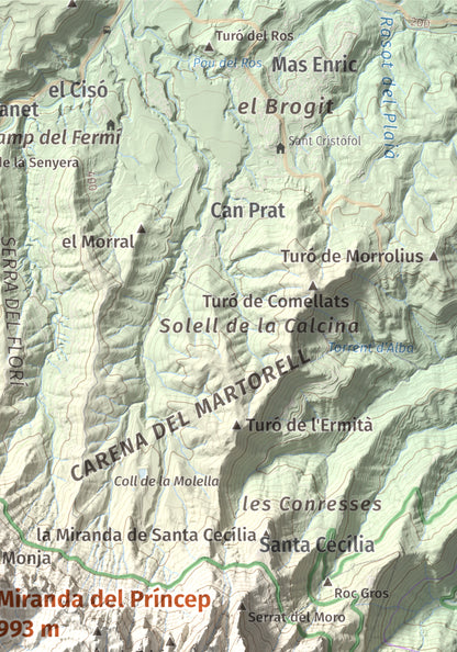 Mapa de relieve de Miranda del Príncep, 993 m, Anoia, lámina 100 Cims de Trobart. Detalle de la zona superior derecha. 21 × 30 cm.