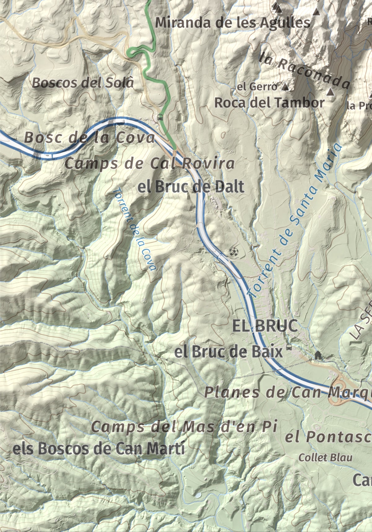 Mapa de relieve de Miranda del Príncep, 993 m, Anoia, lámina 100 Cims de Trobart. Detalle de la zona inferior izquierda. 21 × 30 cm.