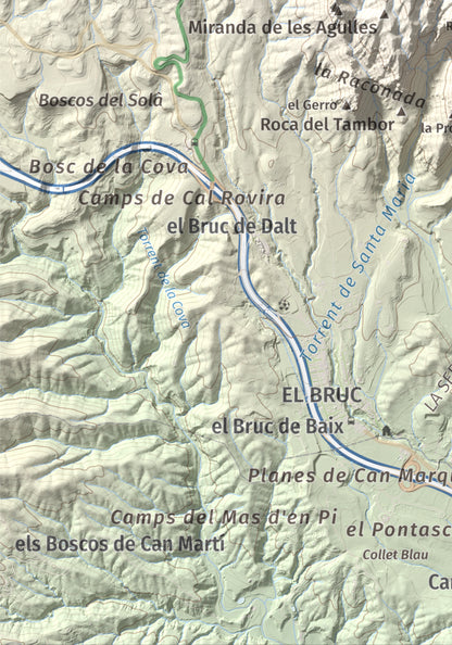 Mapa de relieve de Miranda del Príncep, 993 m, Anoia, lámina 100 Cims de Trobart. Detalle de la zona inferior izquierda. 21 × 30 cm.