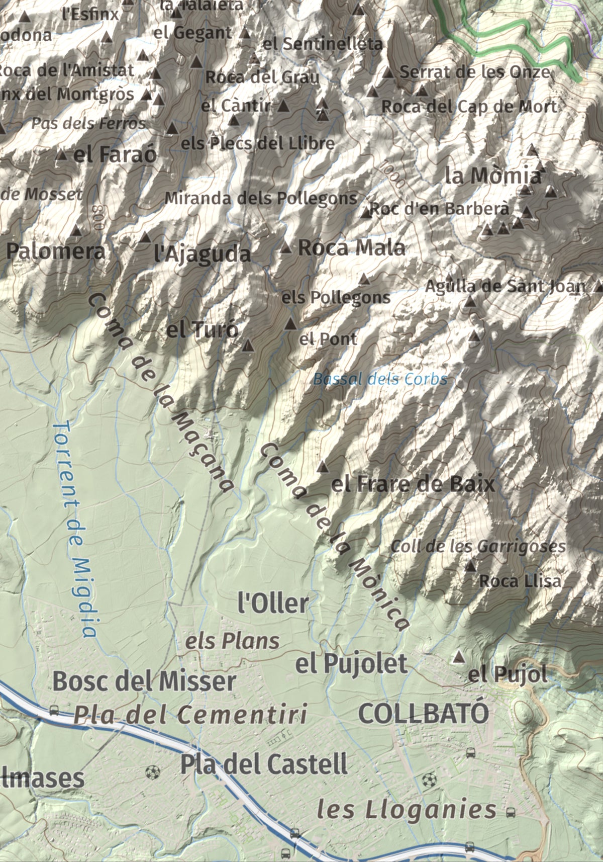 Mapa de relieve de Miranda del Príncep, 993 m, Anoia, lámina 100 Cims de Trobart. Detalle de la zona inferior derecha. 21 × 30 cm.
