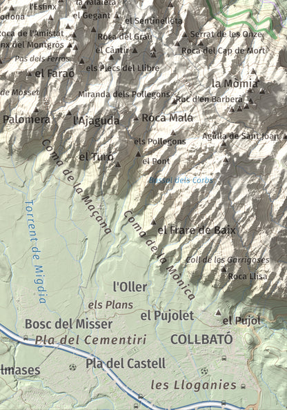 Mapa de relieve de Miranda del Príncep, 993 m, Anoia, lámina 100 Cims de Trobart. Detalle de la zona inferior derecha. 21 × 30 cm.