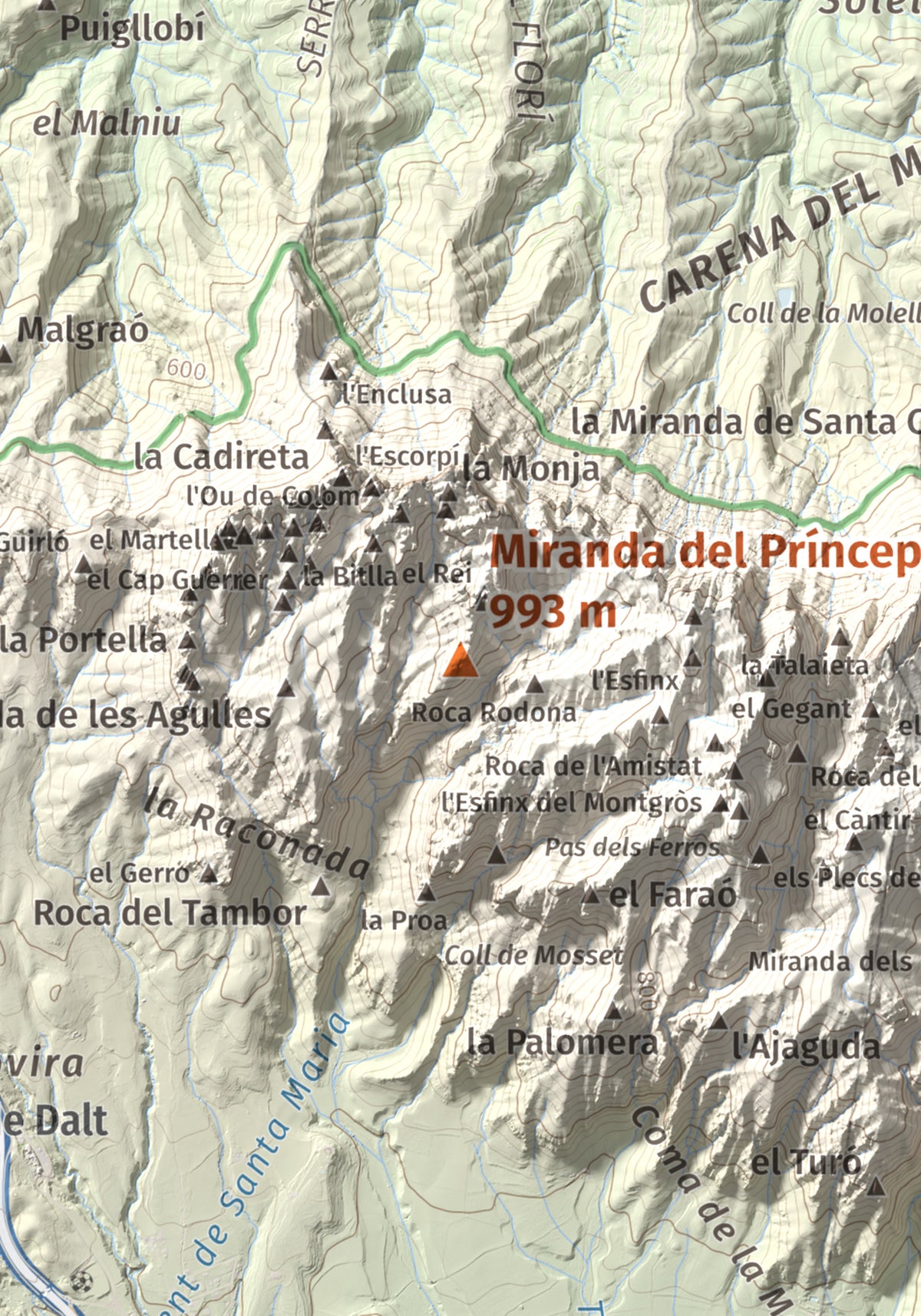 Mapa de relieve de Miranda del Príncep, 993 m, Anoia, lámina 100 Cims de Trobart. Detalle de la zona central. 21 × 30 cm.