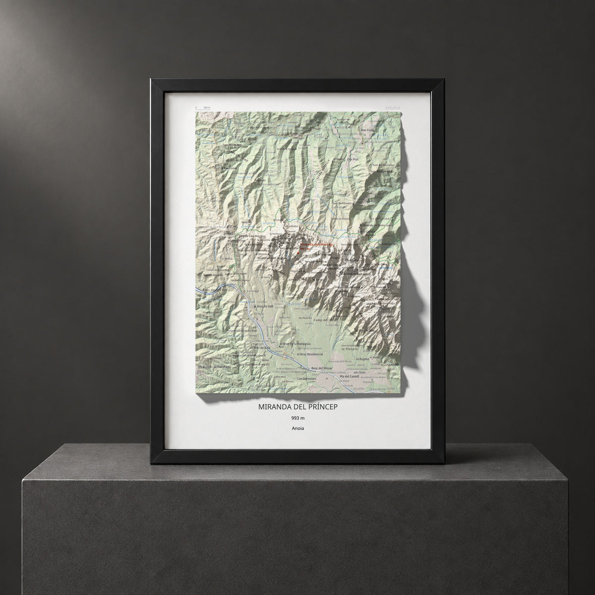 Mapa de relieve de Miranda del Príncep, 993 m, Anoia, lámina 100 Cims de Trobart. Presentación enmarcada. 30 × 40 cm.
