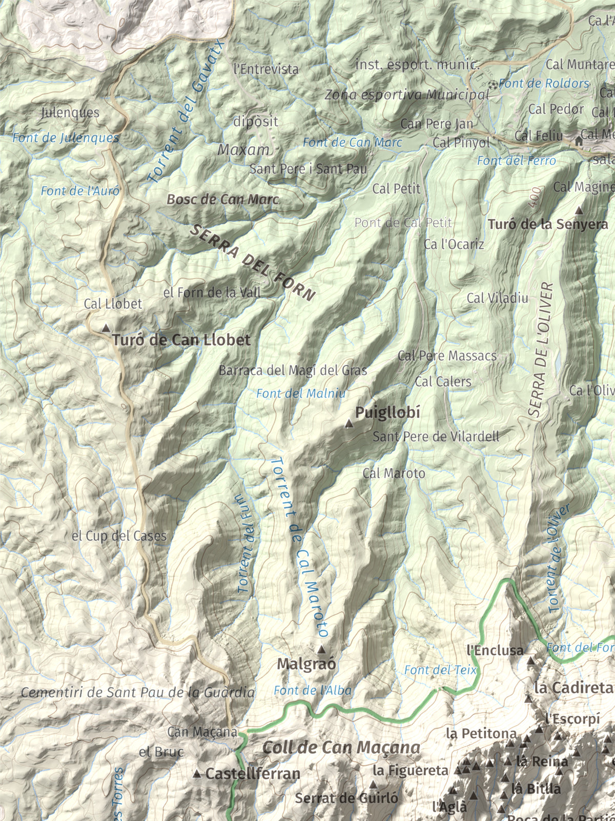 Mapa de relieve de Miranda del Príncep, 993 m, Anoia, lámina 100 Cims de Trobart. Detalle de la zona superior izquierda. 30 × 40 cm.