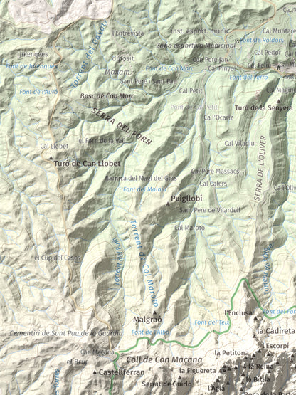 Mapa de relieve de Miranda del Príncep, 993 m, Anoia, lámina 100 Cims de Trobart. Detalle de la zona superior izquierda. 30 × 40 cm.