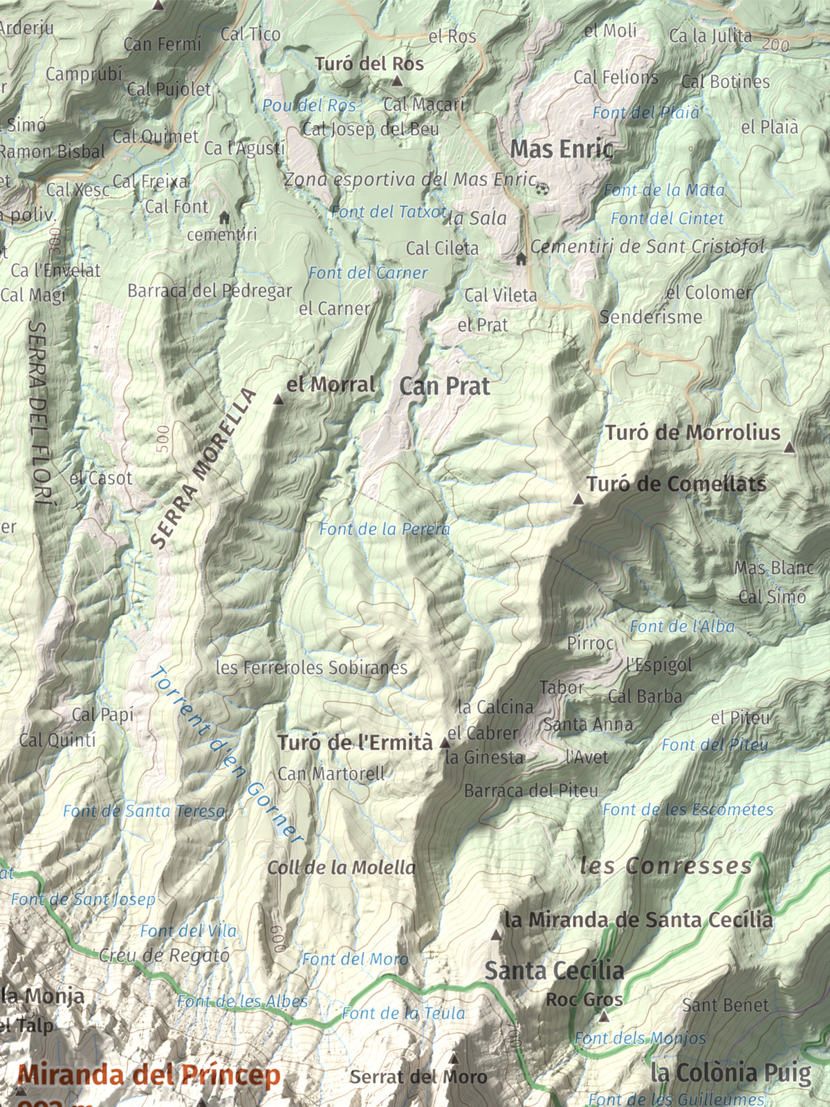 Mapa de relieve de Miranda del Príncep, 993 m, Anoia, lámina 100 Cims de Trobart. Detalle de la zona superior derecha. 30 × 40 cm.