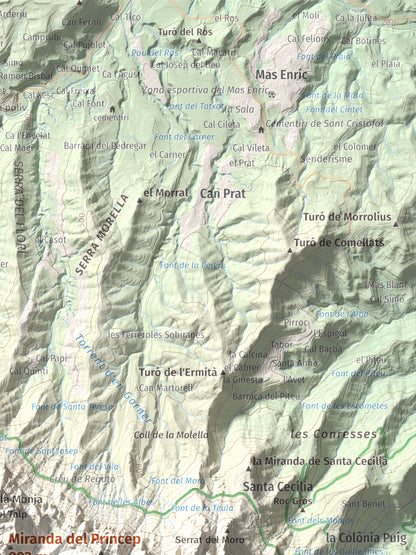 Mapa de relieve de Miranda del Príncep, 993 m, Anoia, lámina 100 Cims de Trobart. Detalle de la zona superior derecha. 30 × 40 cm.