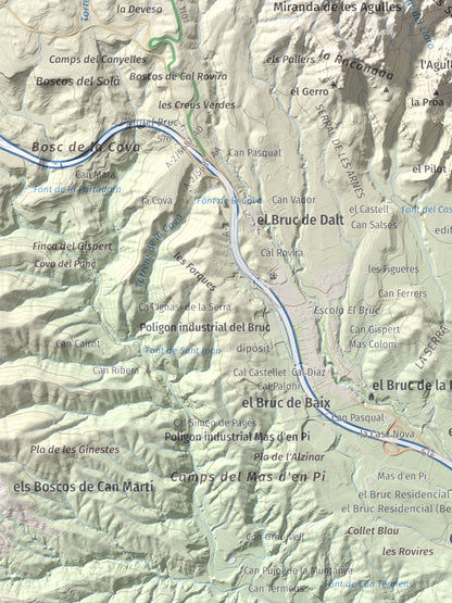Mapa de relieve de Miranda del Príncep, 993 m, Anoia, lámina 100 Cims de Trobart. Detalle de la zona inferior izquierda. 30 × 40 cm.