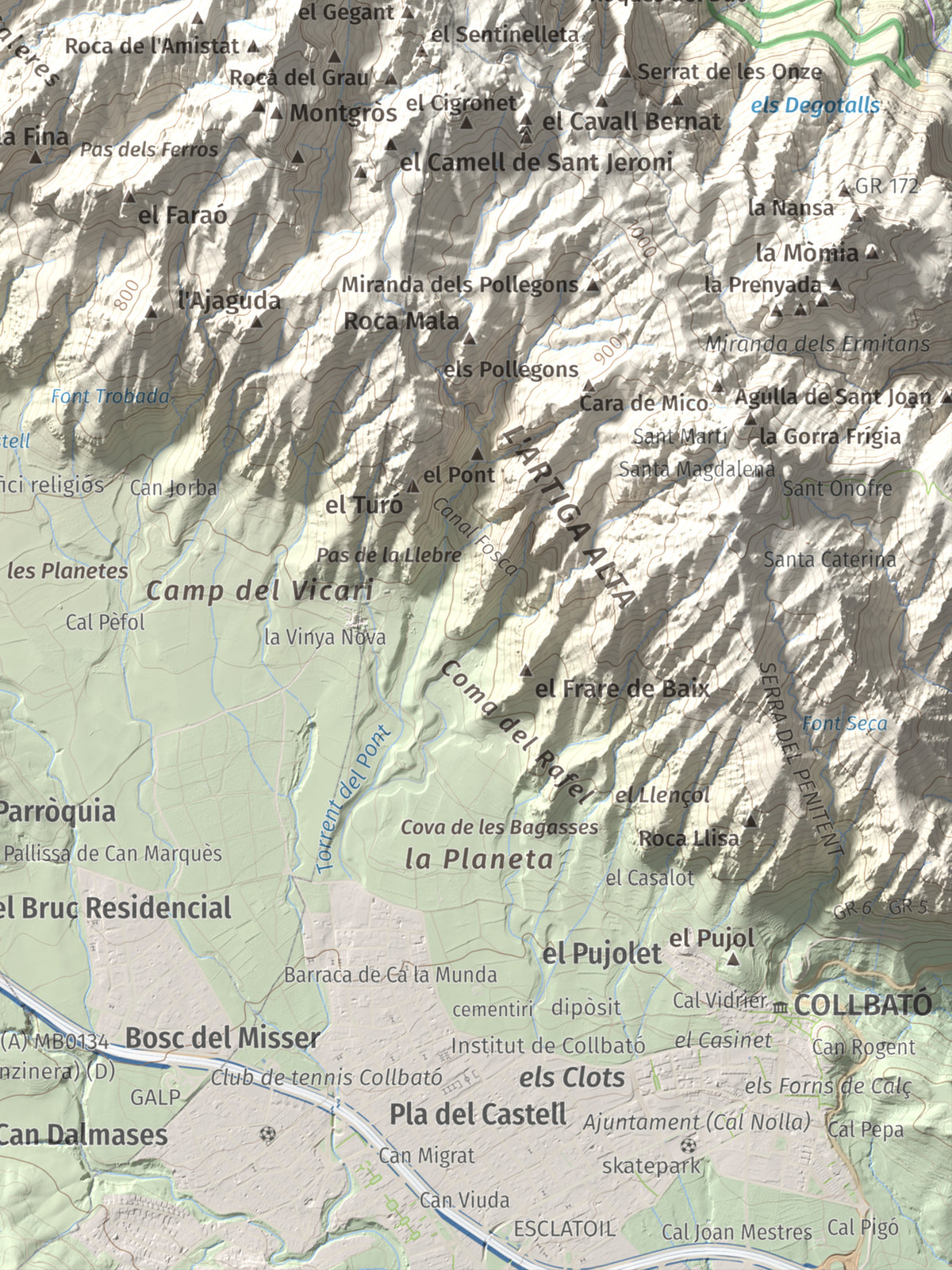 Mapa de relieve de Miranda del Príncep, 993 m, Anoia, lámina 100 Cims de Trobart. Detalle de la zona inferior derecha. 30 × 40 cm.