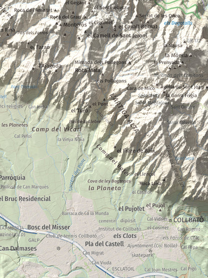 Mapa de relieve de Miranda del Príncep, 993 m, Anoia, lámina 100 Cims de Trobart. Detalle de la zona inferior derecha. 30 × 40 cm.